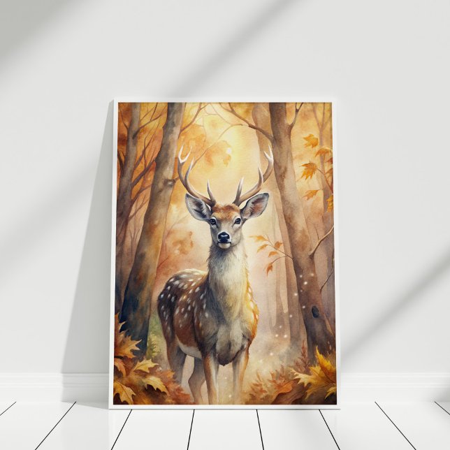 Woodland Deer Autumn – Nature-Inspired Wall Art (Woodland Deer Autumn – Nature-Inspired Wall Art in a white wooden frame)