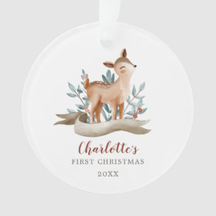 Woodland Deer Baby Girl First Christmas Photo Ornament