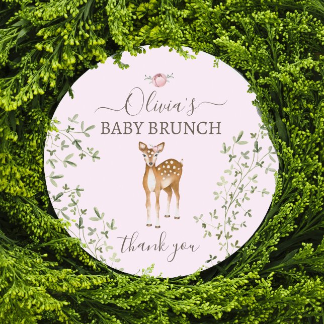 Woodland Deer Baby Shower Classic Round Sticker (Creator Uploaded)