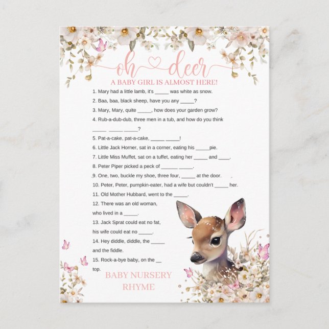Woodland Deer Baby Shower Game Postcard (Front)