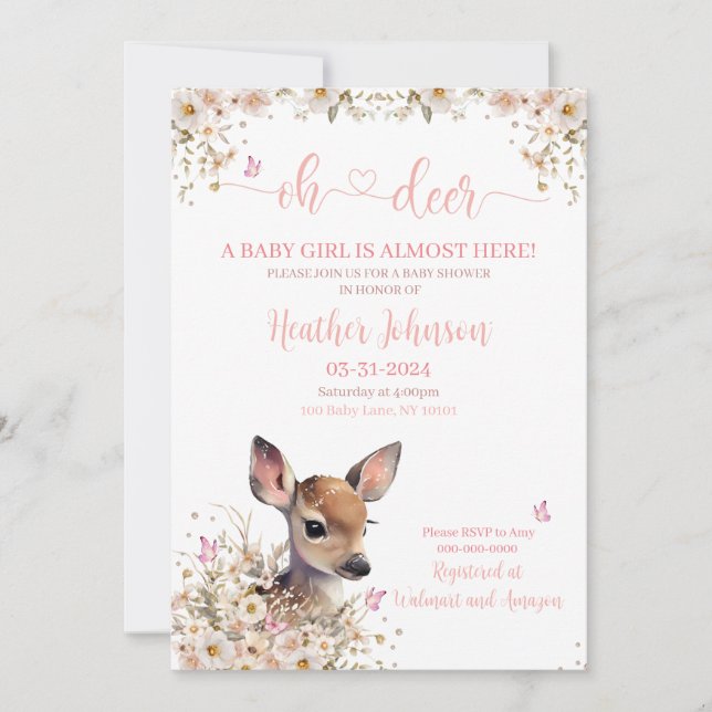 Woodland Deer Baby Shower Girl Invitation (Front)