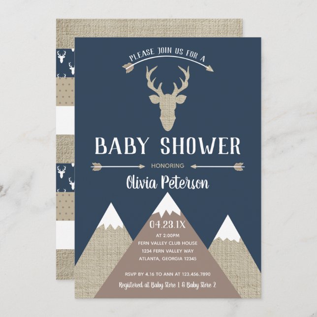 Woodland Deer Baby Shower Invitation, Burlap Invitation (Front/Back)