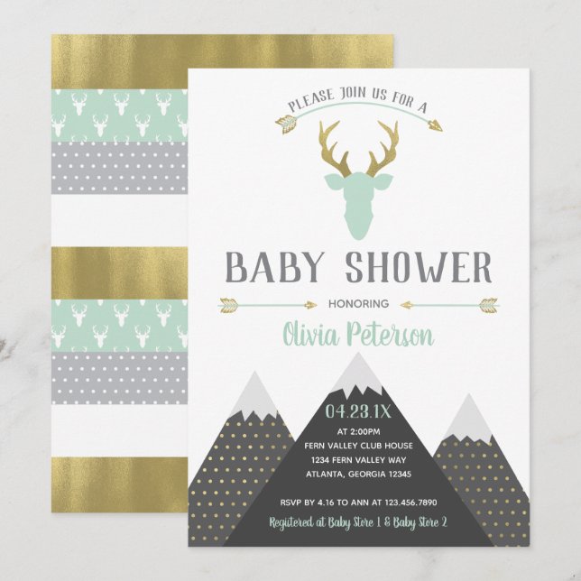 Woodland Deer Baby Shower Invitation, Faux Foil Invitation (Front/Back)