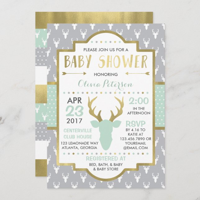 Woodland Deer Baby Shower Invitation, Faux Foil Invitation (Front/Back)