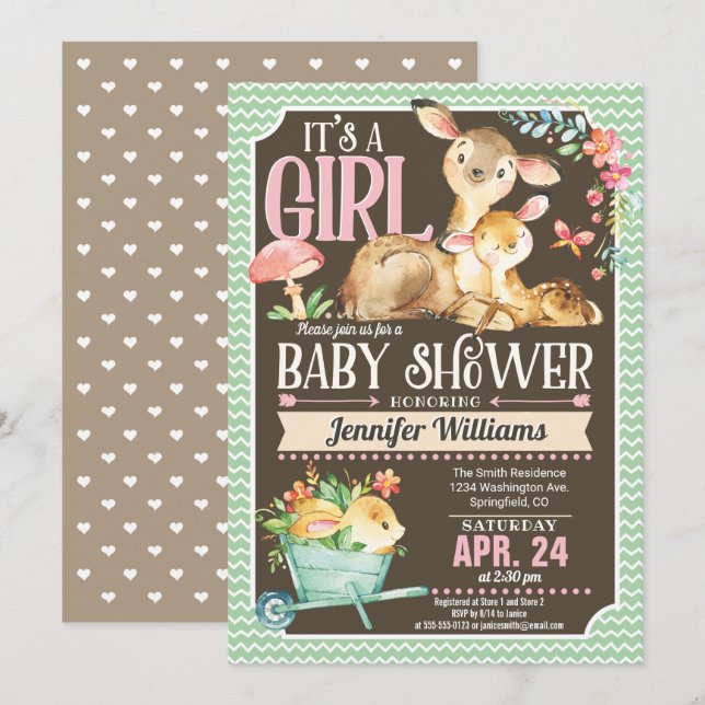 Woodland Deer Baby Shower Invitation Girl (Front/Back)