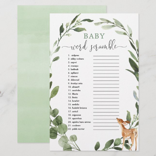 Woodland Deer Baby word scramble baby shower game (Front/Back)