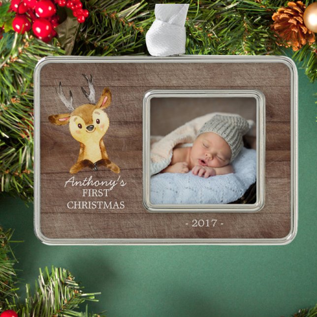 Woodland Deer Baby's 1st Christmas Photo Ornament (Creator Uploaded)