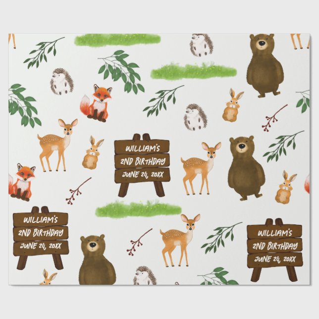 Woodland Deer Bear Rabbit Fox Hedgehog Birthday Wrapping Paper (Flat)