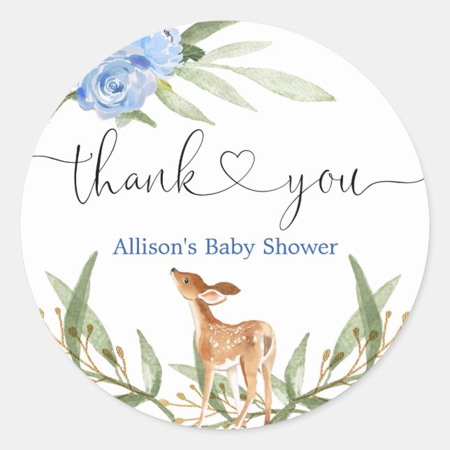 Woodland deer blue green gold boy baby shower classic round sticker (Front)