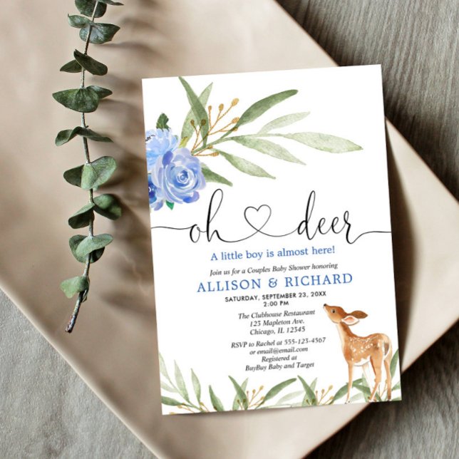 Woodland deer blue greenery couples baby shower invitation (Creator Uploaded)