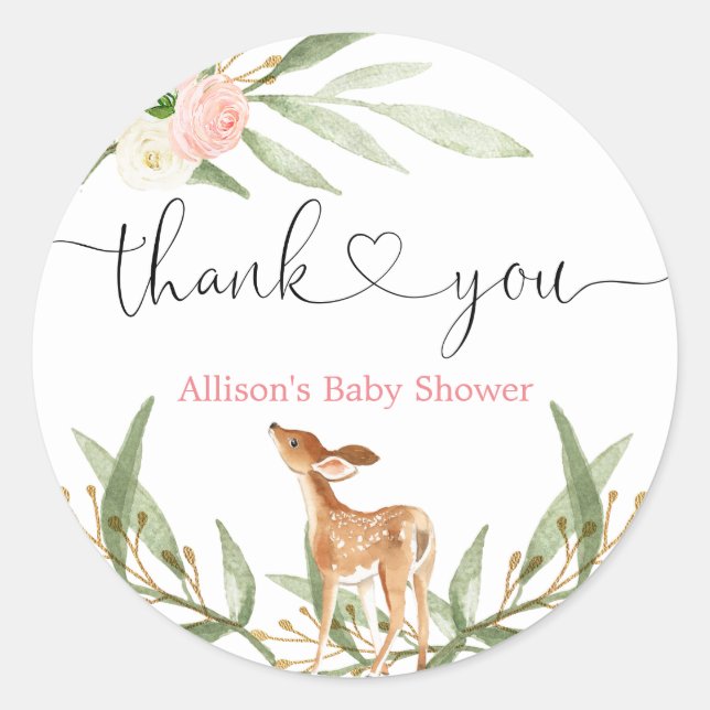 Woodland deer blush pink gold girl baby shower classic round sticker (Front)