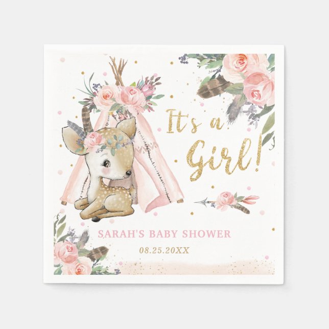 Woodland Deer Boho Tribal Girl Baby Shower Napkin (Front)