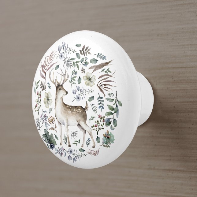 Woodland Deer Buck botanical Watercolor Ceramic Knob (Creator Uploaded)