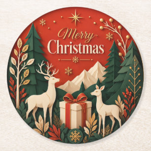 Woodland Deer Christmas Gift Round Paper Coaster