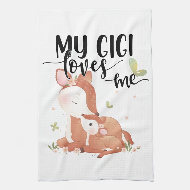 Woodland Deer Doe and Baby Fawn My Gigi Loves Me Tea Towel (Vertical)