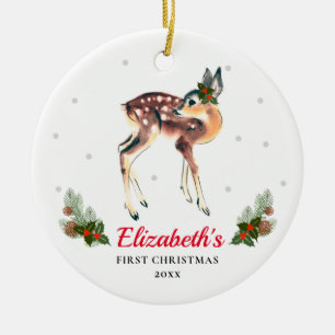 Woodland Deer Fawn Baby's 1st Christmas Custom Ceramic Tree Decoration