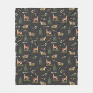 Woodland Deer Fawn Pattern Baby Green Baby Name Fleece Blanket