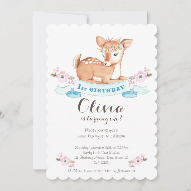 Woodland Deer first birthday invitation (Front)