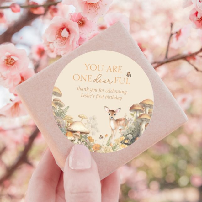 Woodland Deer First Birthday Thank You Classic Round Sticker (Creator Uploaded)