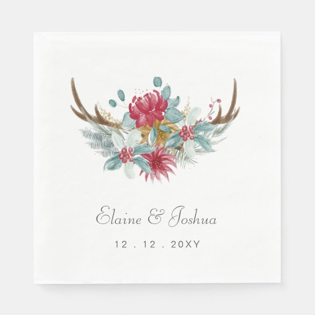 Woodland Deer Floral Antler Winter Wedding Napkin (Front)