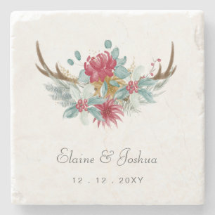 Woodland Deer Floral Antler Winter Wedding Stone Coaster