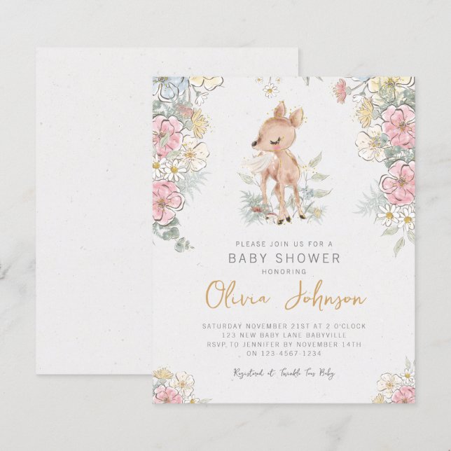 Woodland Deer Floral Baby Shower Invitation (Front/Back)