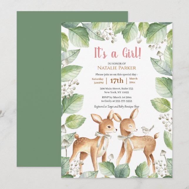 Woodland Deer Floral Botanical Girl Baby Shower Invitation (Front/Back)