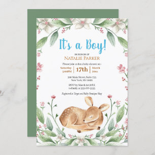 Woodland Deer Floral Greenery Boy Baby Shower Invitation