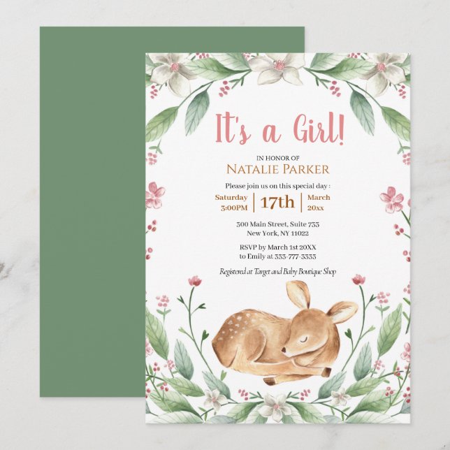 Woodland Deer Floral Greenery Girl Baby Shower Invitation (Front/Back)