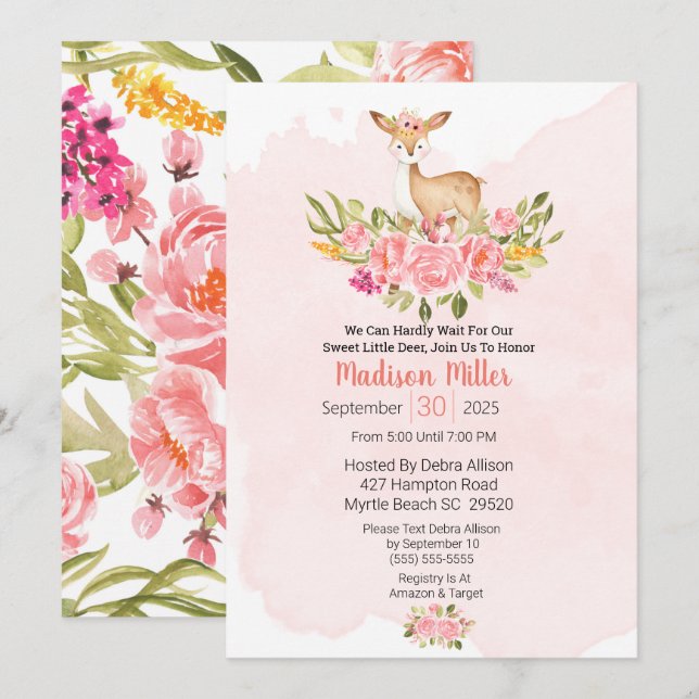 Woodland Deer Floral Pink Baby Shower  Invitation (Front/Back)