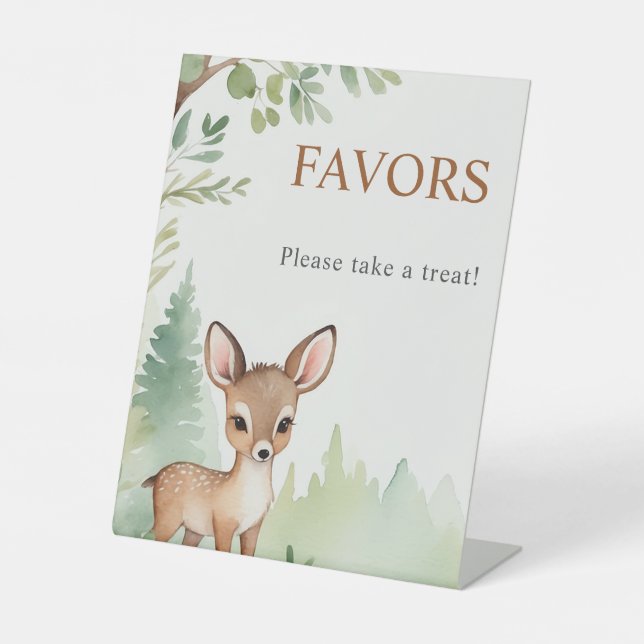 Woodland Deer Forest Neutral Baby Shower Favors Pedestal Sign (Front)