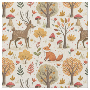 Woodland Deer & Fox Autumn Forest Animal Pattern Fabric
