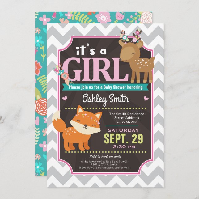 Woodland Deer & Fox Baby Shower Invitation Girl (Front/Back)