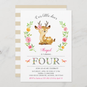 Woodland Deer Girl Floral 4th Fourth Birthday Invitation
