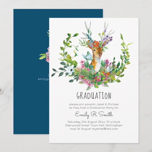 Woodland Deer Graduation Party Invitations Girl (Front/Back)