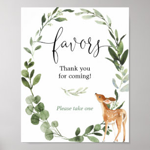 Woodland deer greenery baby shower favours sign