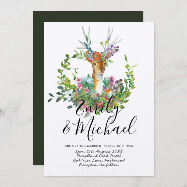 Woodland Deer Illustrated Wedding Invitation Kraft (Front/Back)