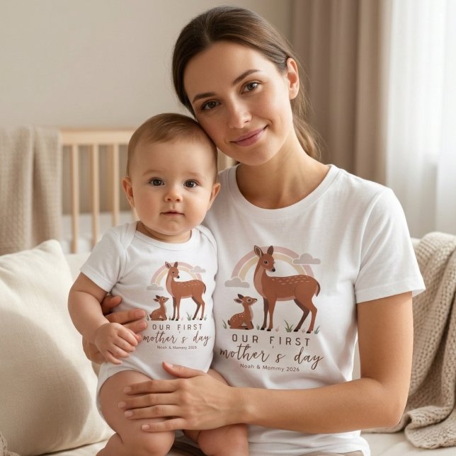 Woodland Deer Mom Baby Love First Mothers Day Art T-Shirt (Creator Uploaded)
