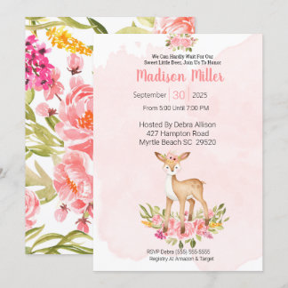 Woodland Deer Pink Floral Baby Shower Invitation