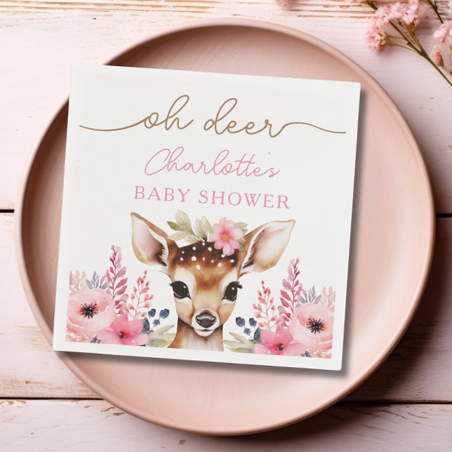 Woodland Deer Pink Floral Girl Baby Shower Custom Napkin (Woodland Deer Pink Floral Girl Baby Shower Custom Napkins)