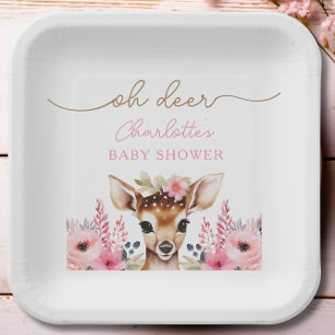 Woodland Deer Pink Floral Girl Baby Shower Custom Paper Plate