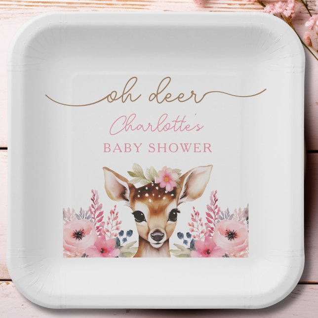 Woodland Deer Pink Floral Girl Baby Shower Custom Paper Plate (Woodland Deer Pink Floral Girl Baby Shower Custom Paper Plates)