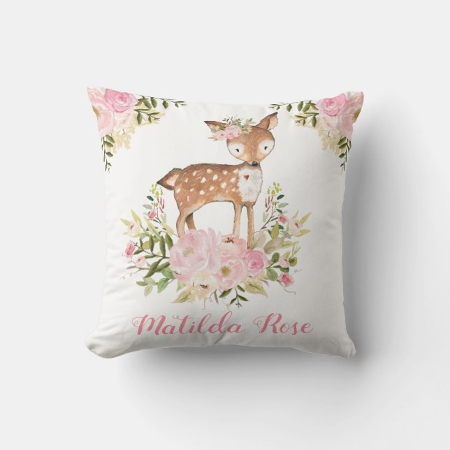 Woodland Deer Pink Floral Peony Girl Nursery Decor Cushion (Front)
