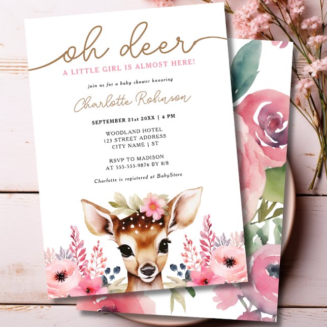 Woodland Deer Pink Gold Floral Girl Baby Shower Invitation (Woodland Deer Pink Gold Floral Girl Baby Shower Invitation)