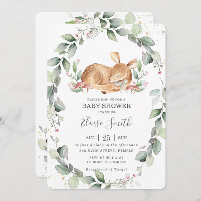 Woodland Deer Rustic Greenery Leafy Baby Shower Invitation (Front/Back)