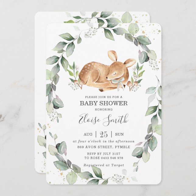 Woodland Deer Rustic Greenery Leafy Baby Shower Invitation (Front/Back)