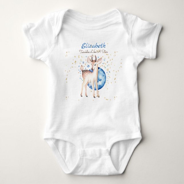 Woodland Deer Twinkle Stars Baby NAME Gift Floral Bodysuit (Front)