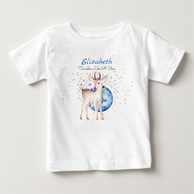 Woodland Deer Twinkle Stars Baby NAME Gift Floral T-Shirt (Front)