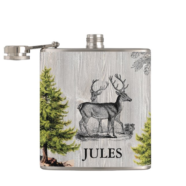 Woodland Deer Vintage Rustic Personalized Flask (Opened)
