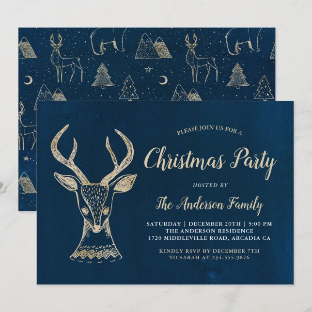Woodland Deer Watercolor Navy Gold Christmas Party Invitation (Front/Back)